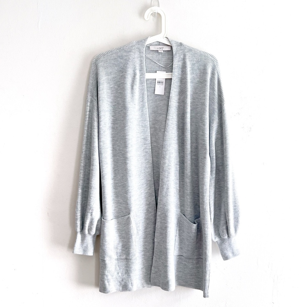Loft Ribbed Knit Open Cardigan in Light Grey Size Small NWT